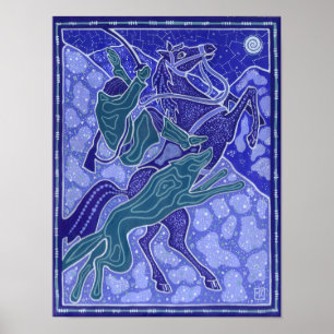 Poster Chase, Homme Horse équitation Wolf Animaux Illustr