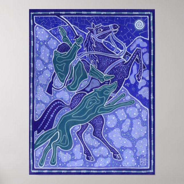 Poster Chase, Homme Horse équitation Wolf Animaux Illustr (Devant)