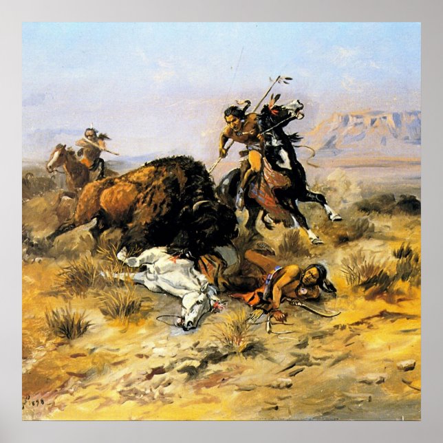 Poster "Chasse au bison" Cowboy Art de Charles Russell (Devant)