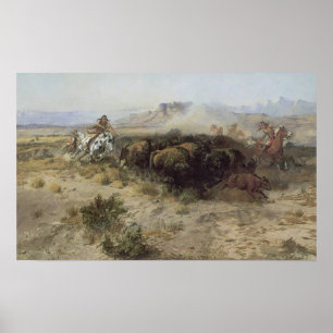 Poster Chasse au bison no 26 par CM Russell, Indiens Vint