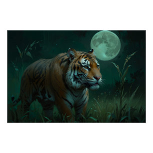 Poster Chasse au tigre et à la Pleine lune