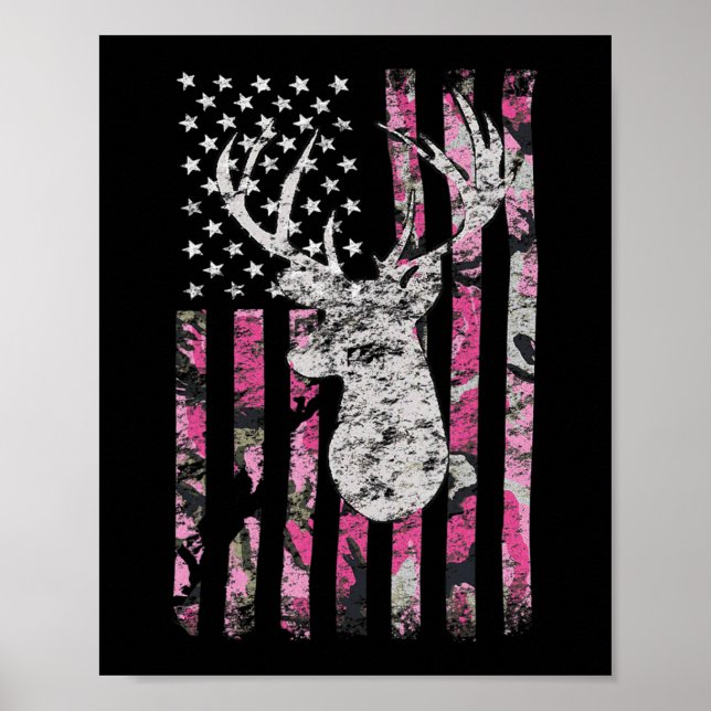 Poster Chasse aux cerfs Camo Drapeau américain Pink Buck (Devant)