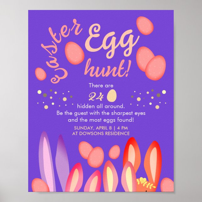 Poster Chasse Aux Oeufs De Pâques Avec Lapins Sur Purple  (Devant)