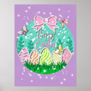 Poster Chasse aux œufs de Pâques mignonne et papillons co