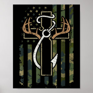 Poster Chasse Pêche Foi Cerf Bois de cerf Croix Hameçon C