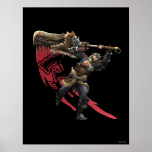 Poster Chasseur masculin avec la grande armure d'épée et