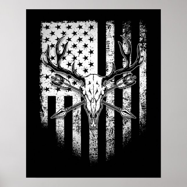 Poster Chasseurs de cerfs Le crâne de cerf sur un drapeau (Devant)