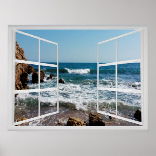 Poster Châssis de fenêtre avec la côte et les vagues