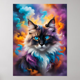 Poster Chat à bouffée majestueuse avec yeux bleus percés