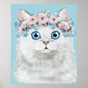 Poster Chat à fleurs blanc doux