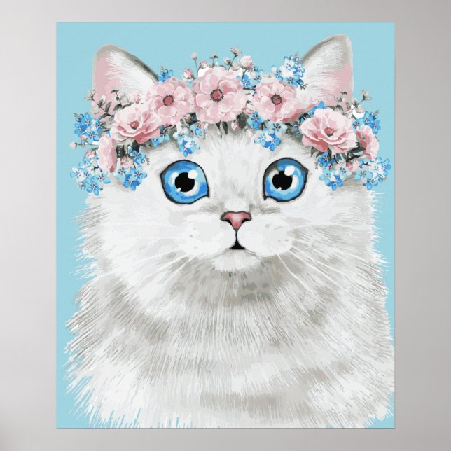 Poster Chat à fleurs blanc doux (Devant)