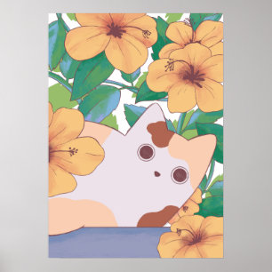 Poster Chat adorable avec fleurs