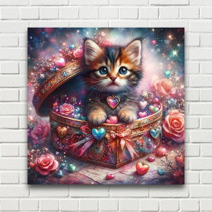 Poster Chat adorable dans une boîte en forme de cœur avec