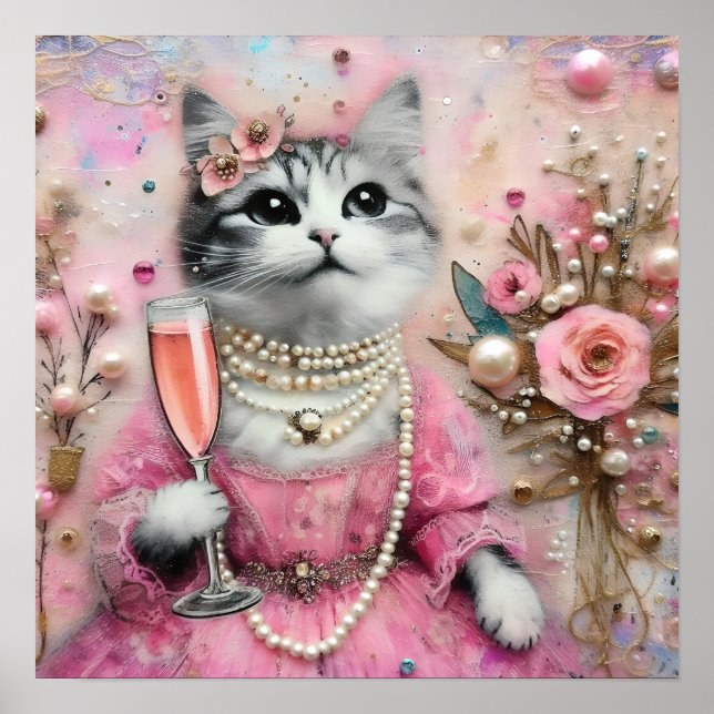 Poster Chat adorable en robe rose avec perles (Devant)
