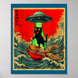 Poster Chat Alien Ramen Papa Ufo Drôle Vintage Japonais