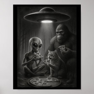 Poster Chat Amusant Avec Alien Et Pizza De Pied D'Oignon 