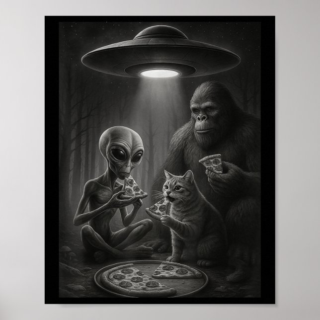 Poster Chat Amusant Avec Alien Et Pizza De Pied D'Oignon  (Devant)