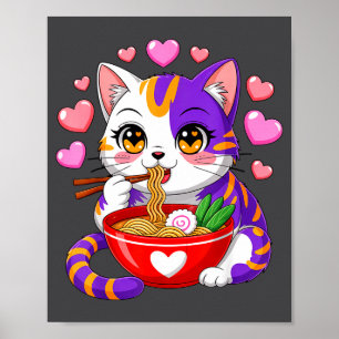 Poster Chat Anime Mangeant des Nouilles Ramen Avec des Cœ