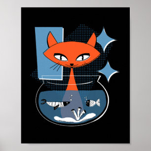 Poster Chat atomique avec bol de poisson au milieu du siè