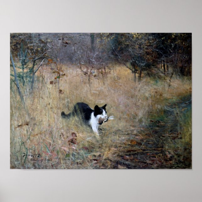 Poster Chat attrapé un oiseau, Bruno Liljefors (Devant)