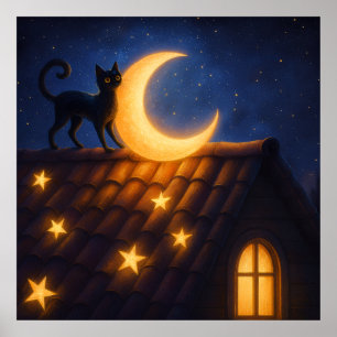 Poster Chat au Clair de Lune sur un Toit Étoilé