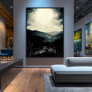 Poster Chat au Clair de Lune Vintage, Paysage Nocturne Tr