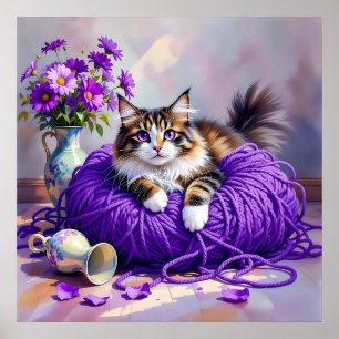 Poster Chat aux Yeux Violets dans du Fil Violet et Fleurs