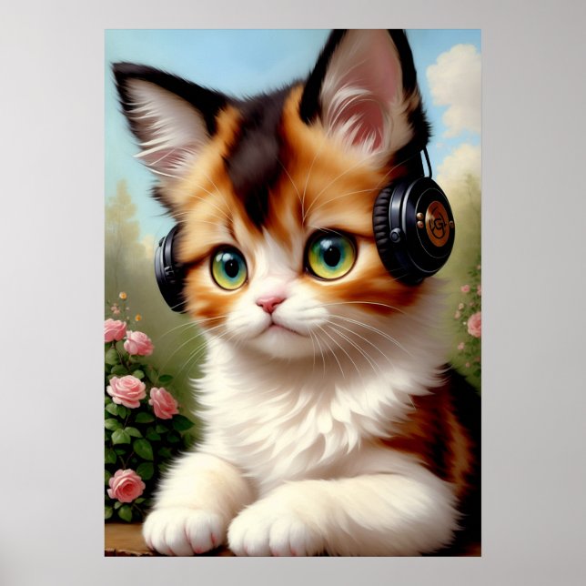 Poster Chat avec casque - Peinture Vintage. (Devant)