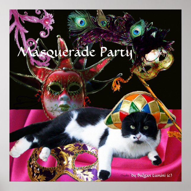 POSTER CHAT AVEC CASQUETTE HARLEQUIN ET MASQUERADE DE FÊT (Devant)