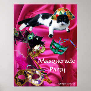 POSTER CHAT AVEC CASQUETTE HARLEQUIN ET MASQUERADE DE FÊT