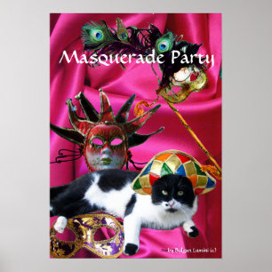 POSTER CHAT AVEC CASQUETTE HARLEQUIN ET MASQUERADE DE FÊT
