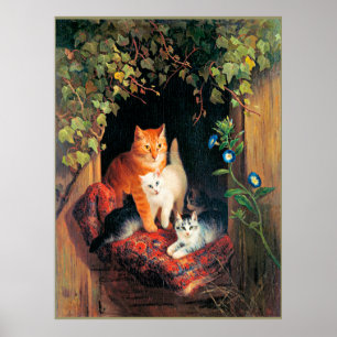 Poster Chat avec chatons, peinture d'art,