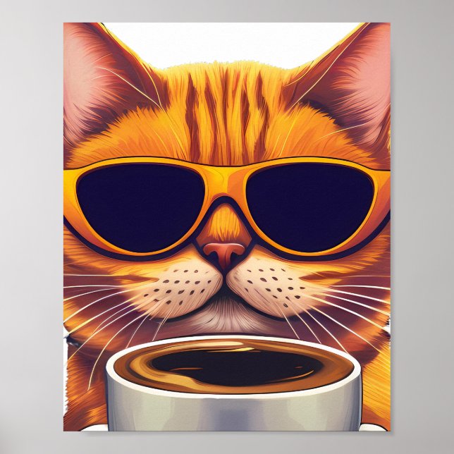 Poster chat avec lunettes boire du café (Devant)