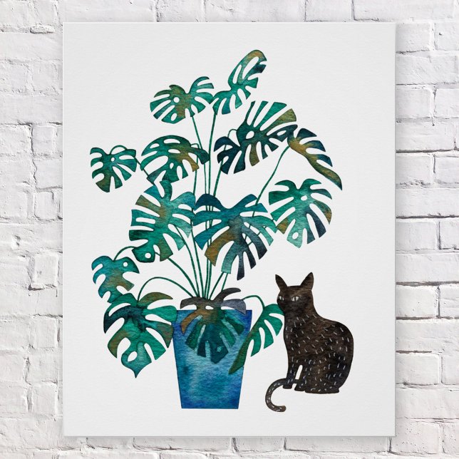 Poster Chat avec Plante Monstera Aquarelle (Black cat with monstera swiss cheese plant watercolor poster)