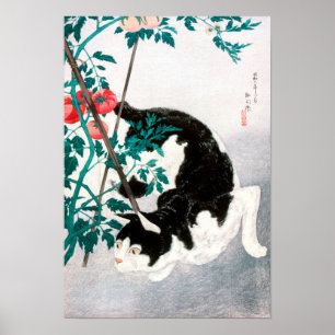 Poster Chat avec Plante tomate (1931) par Hiroaki Takahas