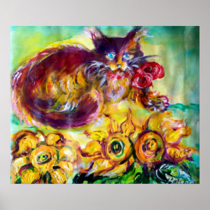 POSTER CHAT AVEC RUBAN ROUGE ET TOURNESOLS