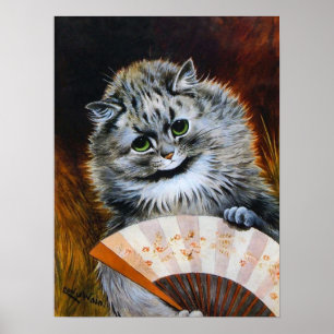 Poster Chat avec un éventail japonais, Louis Wain