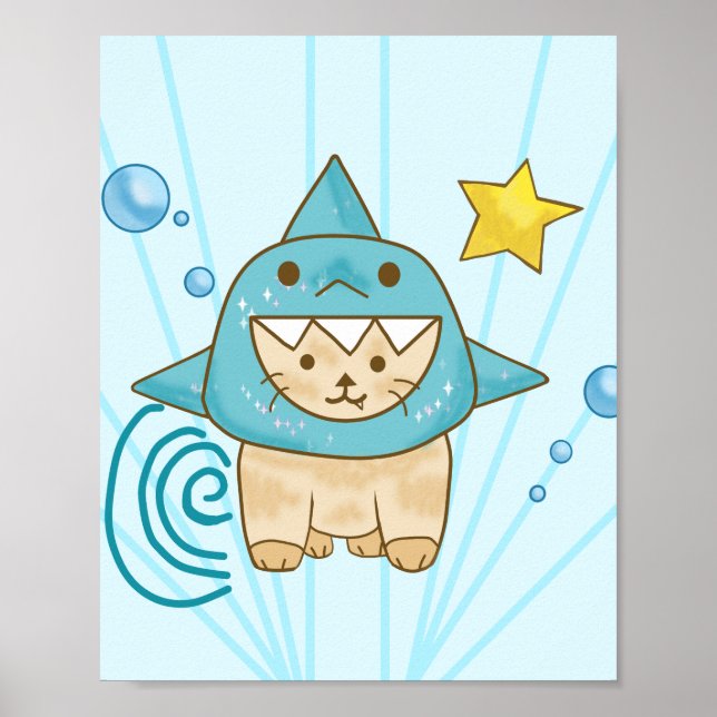 Poster Chat beige mignon en costume de requin aqua thème  (Devant)