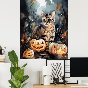 Poster Chat Bengale D'Halloween Avec Peur Citrouille
