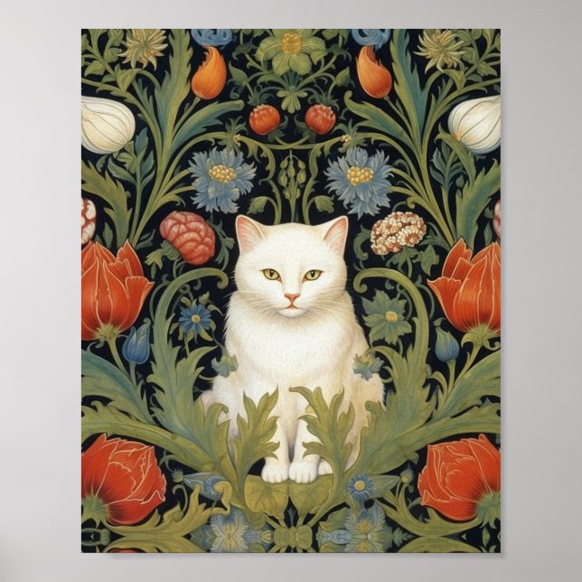 Poster Chat blanc Art nouveau dans le jardin (Devant)