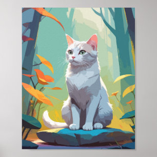 Poster Chat blanc assis sur un rocher dans la forêt