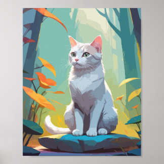 Poster Chat blanc assis sur un rocher dans la forêt