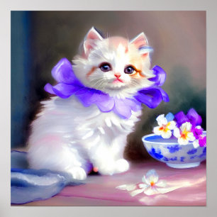 Poster Chat blanc avec collier de fleurs violettes