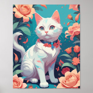 Poster Chat blanc avec roses roses