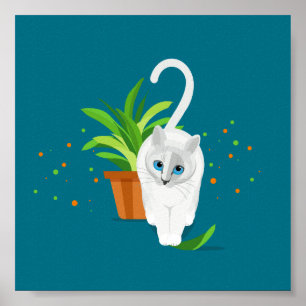 Poster Chat blanc géométrique passant devant un pot plant