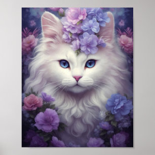 Poster Chat blanc Imaginaire avec fleurs