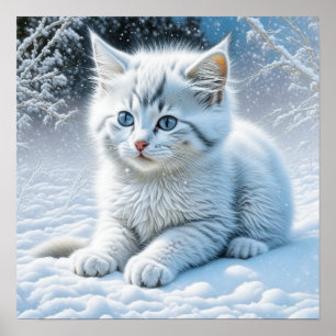 Poster Chat blanc mignon jouant dans la neige