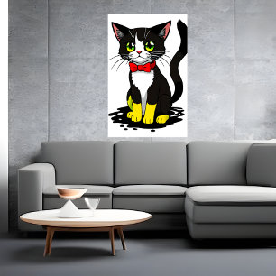 Poster Chat blanc noir mignon et adorable   Art AI