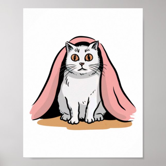 Poster Chat Blanc Sous Un Sticker À Couverture Rose (Devant)
