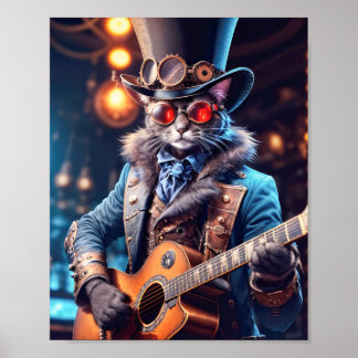 Poster Chat bleu en robe steampunk jouant de la guitare d